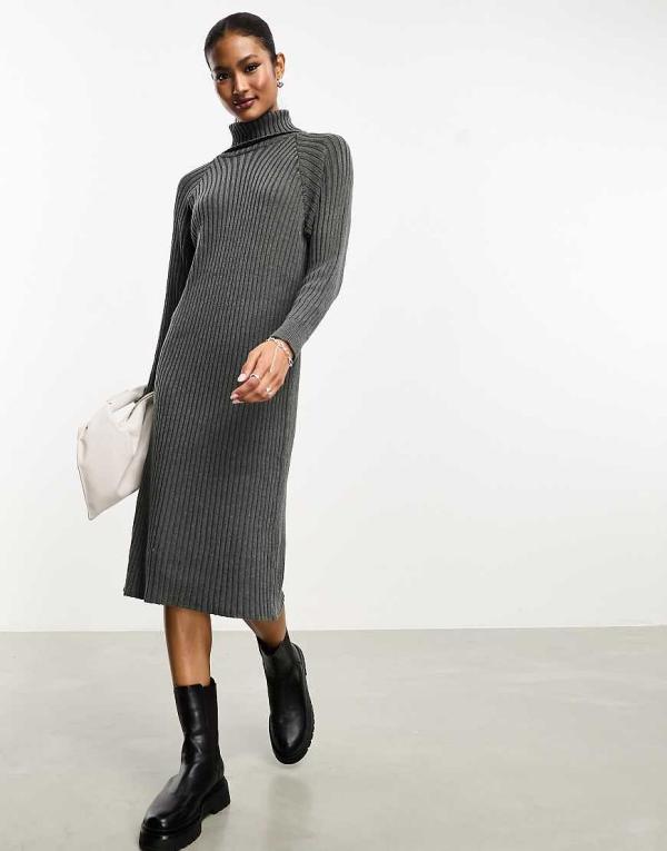 YAS ribbed roll neck jumper midi dress in grey