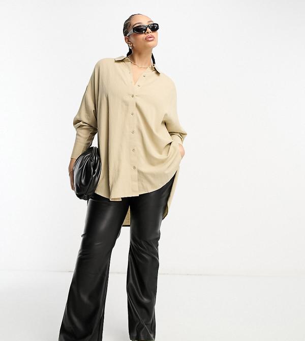 Yours oversized linen mix shirt in stone-Neutral