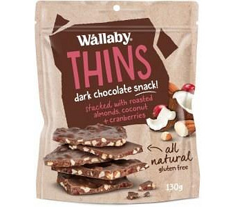 Wallaby Thins Dark Chocolate Snack with Roasted Almonds,Coconut & Cranberries G/F 130g