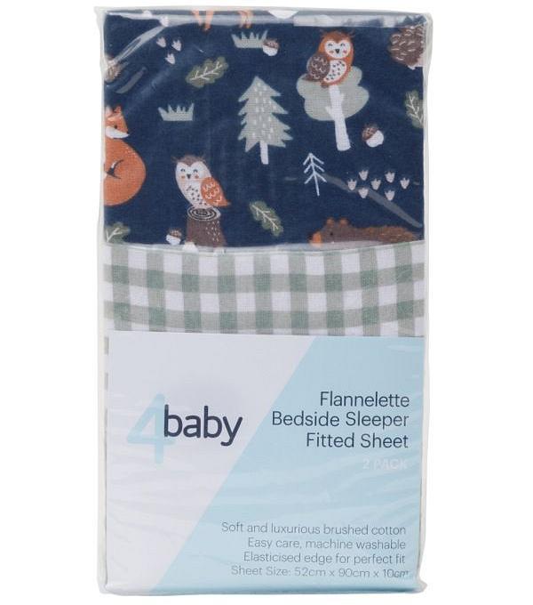 4Baby Flannel Bedside Sleeper Fitted Sheet Fox & Friends 2 Pack