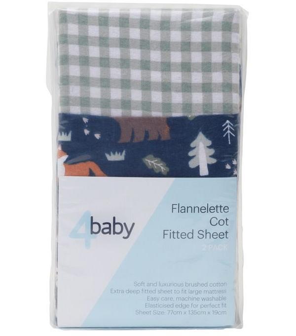 4Baby Flannel Cot Fitted Sheet Fox & Friends 2 Pack