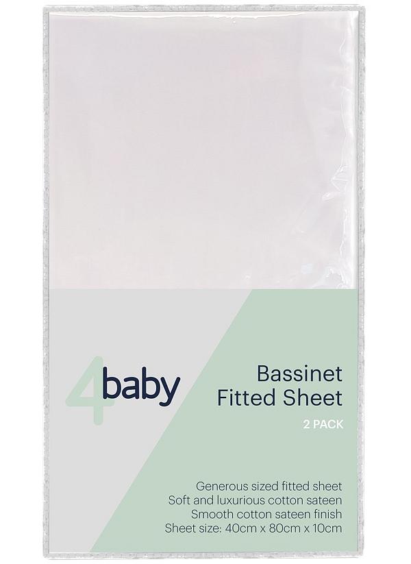 4Baby Sateen Bassinet Fitted Sheet New White 2 Pack
