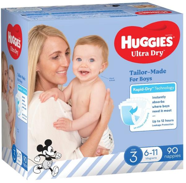 Huggies Ultra Dry Nappies Boys Size3 (6-11Kg) 90 Pack