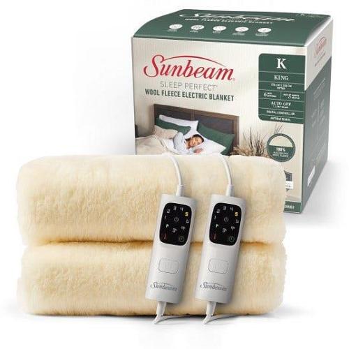 Sunbeam Sleep Perfect Wool Fleece Anti-Bacterial Electric Blanket - King