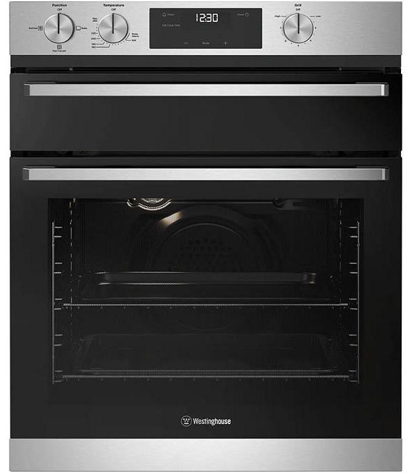 Westinghouse 60cm multi-function 3 stainless steel underbench fan forced gas oven with separate grill, programmable timer, knob controls and 80L WVG65