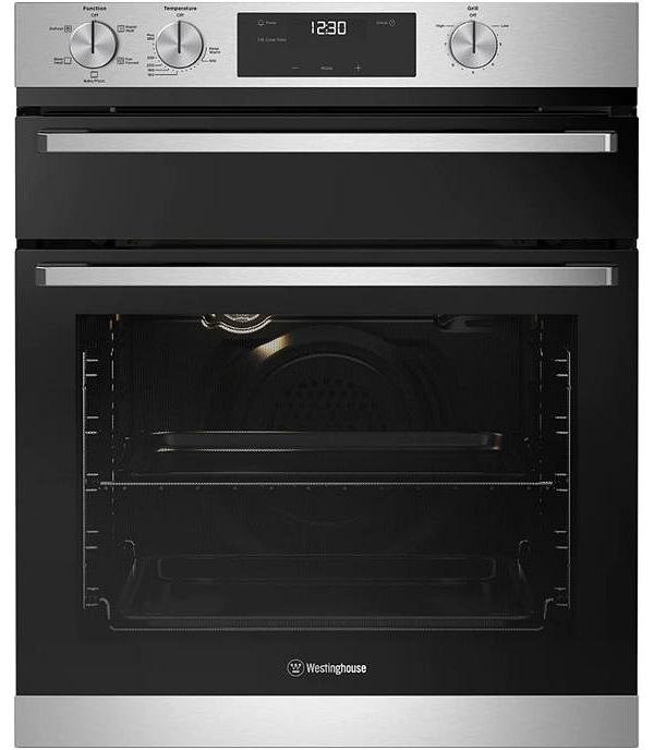 Westinghouse 60cm multi-function 5 stainless steel underbench oven with separate grill, fast heat up, programmable timer, and 80L WVE6555SD