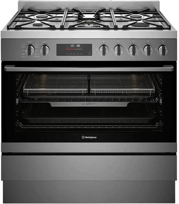 Westinghouse 90cm dual fuel freestanding oven with 5 burner gas cooktop, multi-function 10 pyrolytic oven, EasyBake +Steam, AirFry WFEP9717DD