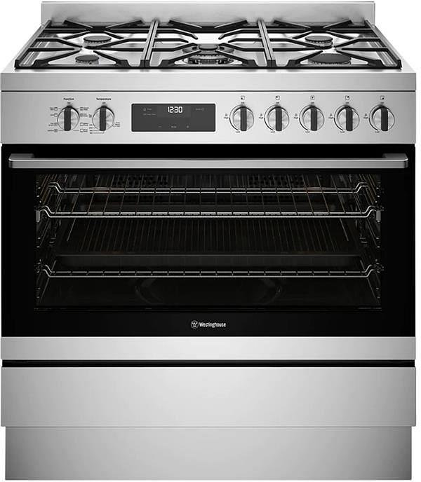 Westinghouse 90cm dual fuel freestanding oven with 5 burner gas cooktop, multi-function 8 oven with Twin Fan, and 125L WFE9515SD