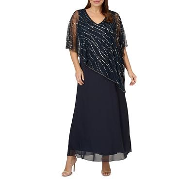 Adrianna Papell Plus Sequin Cape Overlay Gown