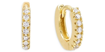 Adinas Jewels Pave Mini Huggie Hoop Earrings in Gold Tone Sterling Silver