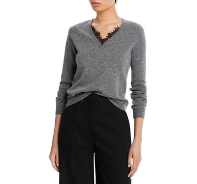 C by Bloomingdale's Cashmere V-Neck Lace Trim Cashmere Sweater - 100% Exclusive