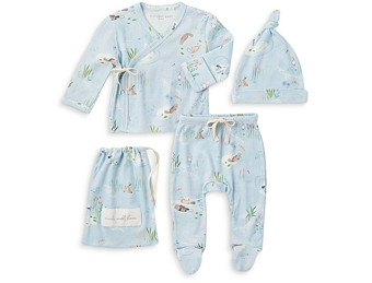 Elegant Baby Unisex Lake Print Wrap Top, Footed Pants & Hat Gift Set - Baby