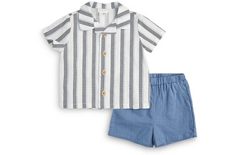 Firsts by petit lem Boys' Linen & Cotton Button Down Camp Shirt & Drawstring Shorts Set - Baby