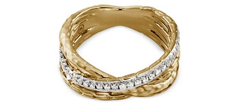 John Hardy 18K Gold Classic Chain Diamond Hammered Crossover Ring