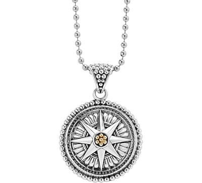 Lagos 18K Gold and Sterling Silver Signature Caviar Compass Pendant Ball Chain Necklace, 34