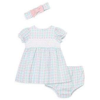 Little Me Baby Girls' Bow Check Headband, Smocked Check Dress, & Check Bloomers Set - Baby