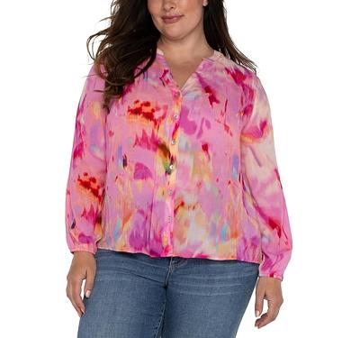 Liverpool Los Angeles Plus Watercolor Print Shirred Blouse