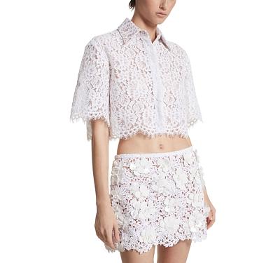 Michael Kors Collection Corded Lace Cropped Short Sleeve Button Down Shirt