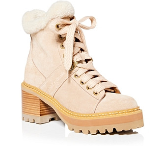 See by Chloe Women's Lace Up Lug Sole Shearling Booties