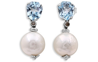 Stephen Dweck Sterling Silver Galactical Blue Topaz, Baroque Cultured Freshwater Pearl & Champagne Diamond Drop Earrings