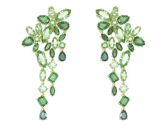 Swarovski Gema Green Crystal Flower Clip On Chandelier Earrings in Gold Tone