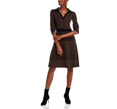 T Tahari Long Sleeve Collared Fit and Flare Dress