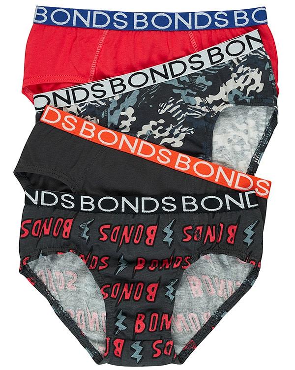 Bonds Boys Brief 4 Pack in Red Logo/Grey Camo Size: