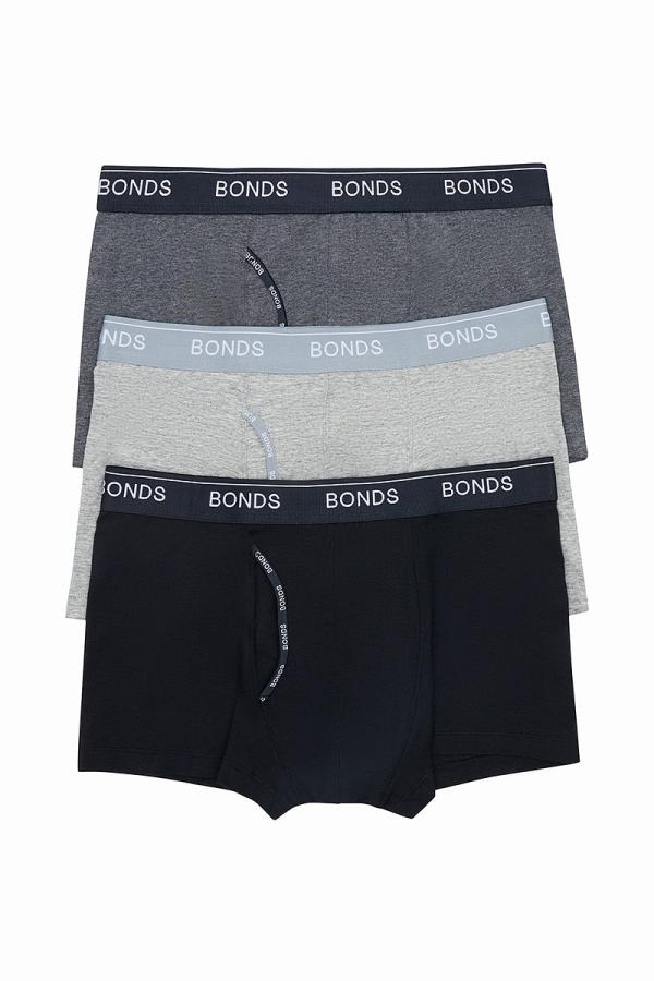Bonds Cotton Guyfront Trunk 3 Pack in Grey/Charcoal/Blk Size: