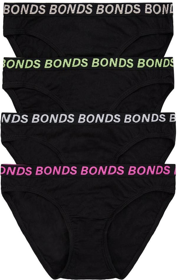 Bonds Girls Bikini Sport 4 Pack in Black Size: