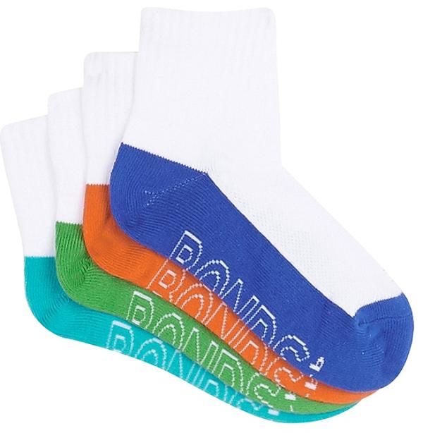 Bonds Kids Cotton Logo Light Quarter Crew Socks 4 Pack - White Size: