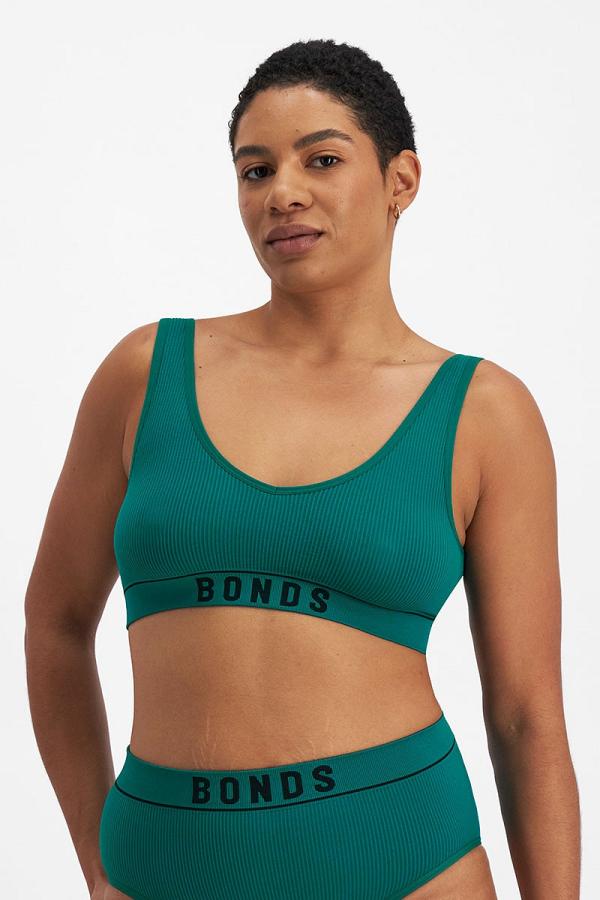 Bonds Retro Rib Deep V Crop in Forest Teal Size: