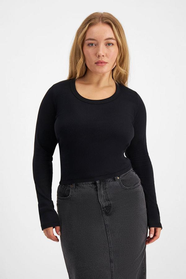 Bonds Women's Icons Rib Scoop Long Sleeve Tee in Nu Black Size: