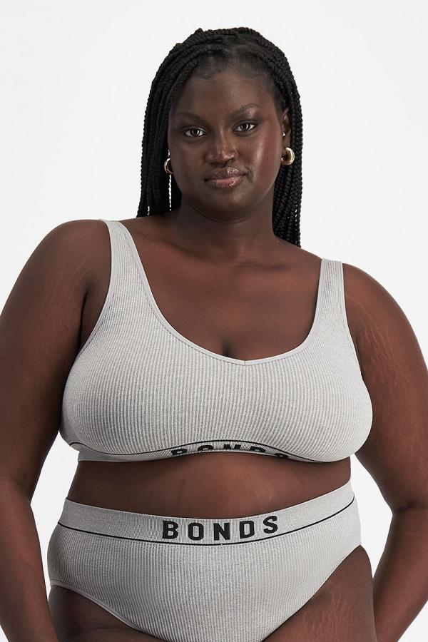 Bonds Women's Retro Rib™ Seamless Deep V Crop Bra in Heritage Grey Marle Size: