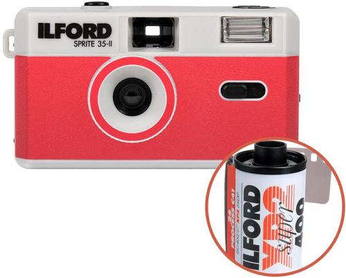Ilford Sprite 35-II Reusable Camera - Silver & Red with Ilford XP2 24 Film