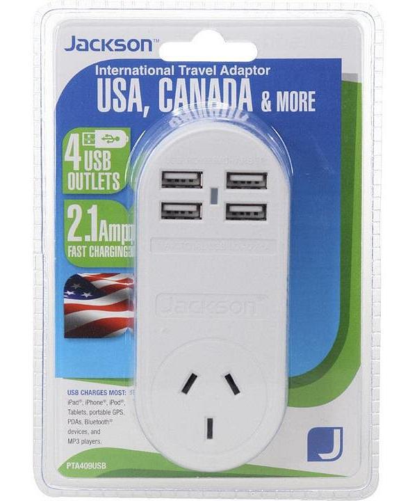 Jackson Outbound 4 x USB Travel Adaptor - USA-Fast Charge 2.1A