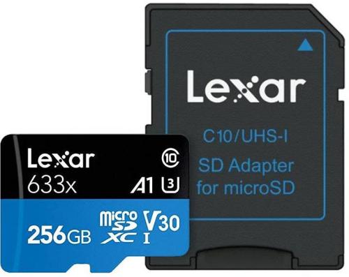 Lexar High-Performance 633x microSDXC 256GB 100MB/s V30 A1 UHS-I U3 Memory Card + Adapter