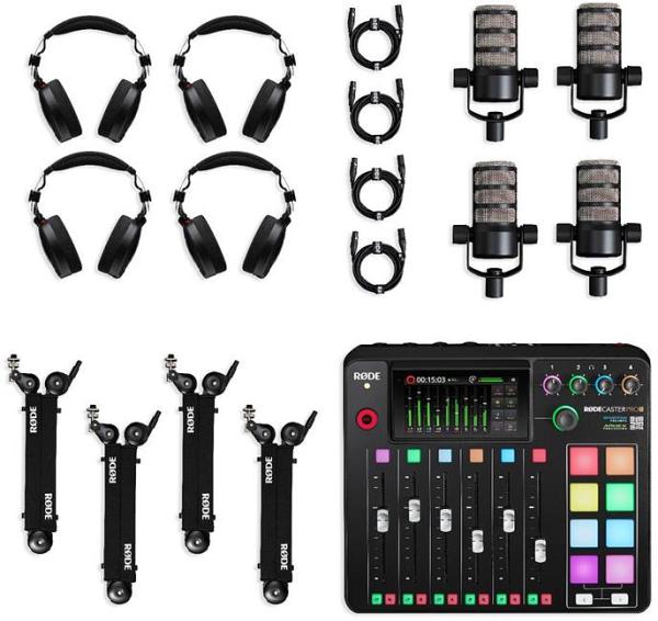 Rode Four Person Podcasting Bundle Inc.RodeCaster Duo,& 4X PodMic, NTH100, PSA1+ & XLR3M