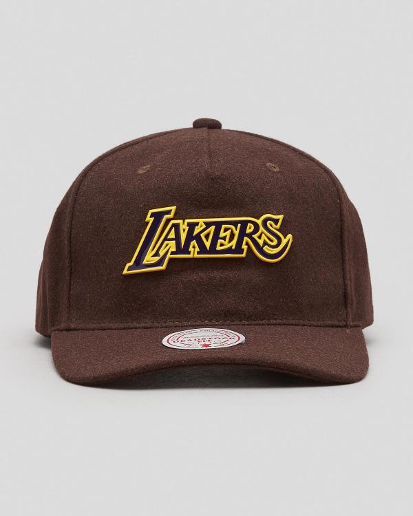 Mitchell & Ness Men's La Lakers Melton Wordmark Pin Snapback Cap in Brown