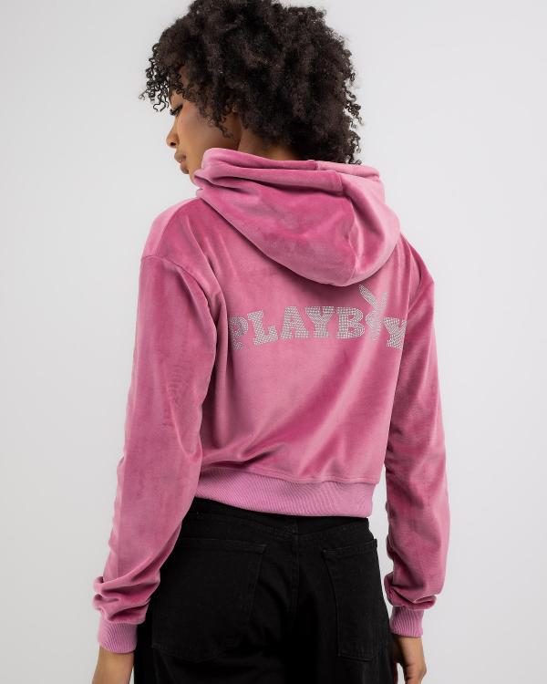 Playboy Women's Bunny O Velour Cropped Hoodie in Pink