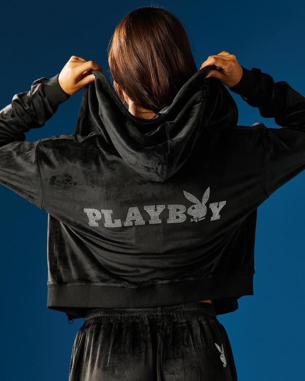 Playboy Women's Bunny O Velour Zip Through Hoodie in Black
