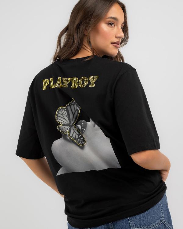 Playboy Women's Diamante` T-Shirt in Black