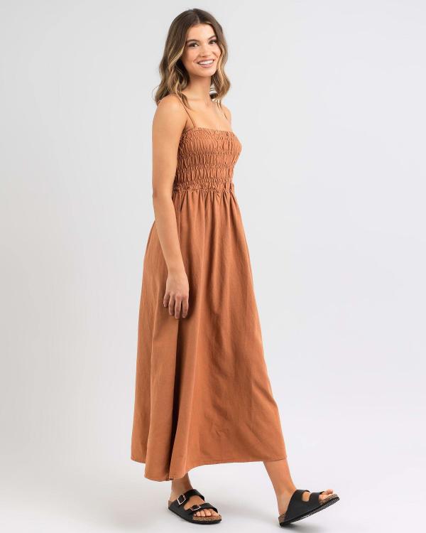 Rhythm Women's Classic Shirred Midi Dress in Brown