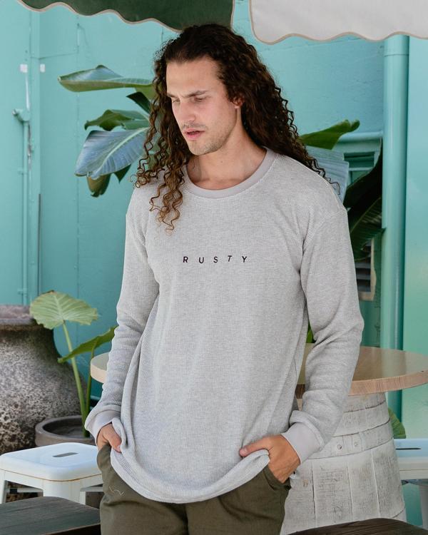 Rusty Men's Short Cut Waffle Long Sleeve T-Shirt in Grey