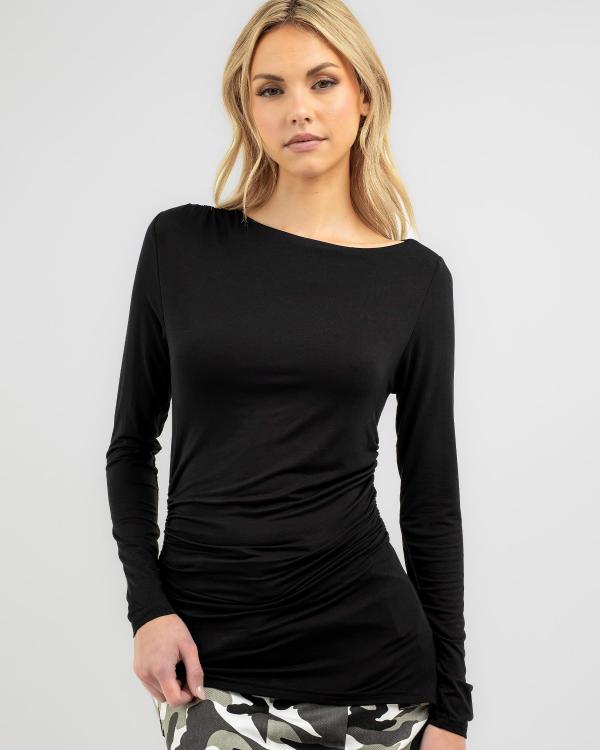 Thanne Women's Basic Long Sleeve Ruche Top in Black