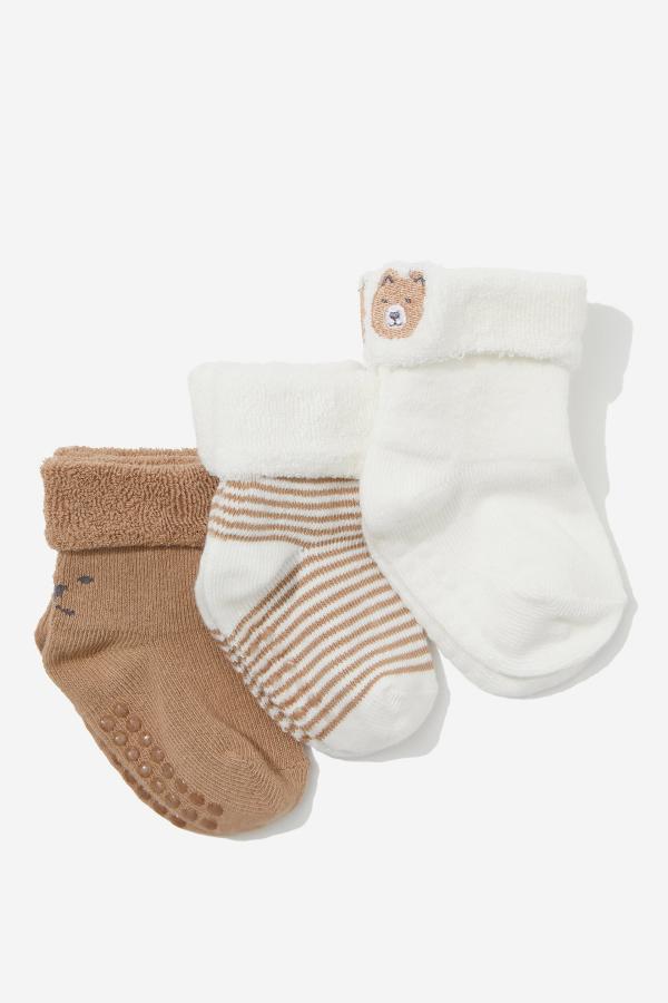 Cotton On Kids - 3Pk Terry Baby Socks - Taupy brown