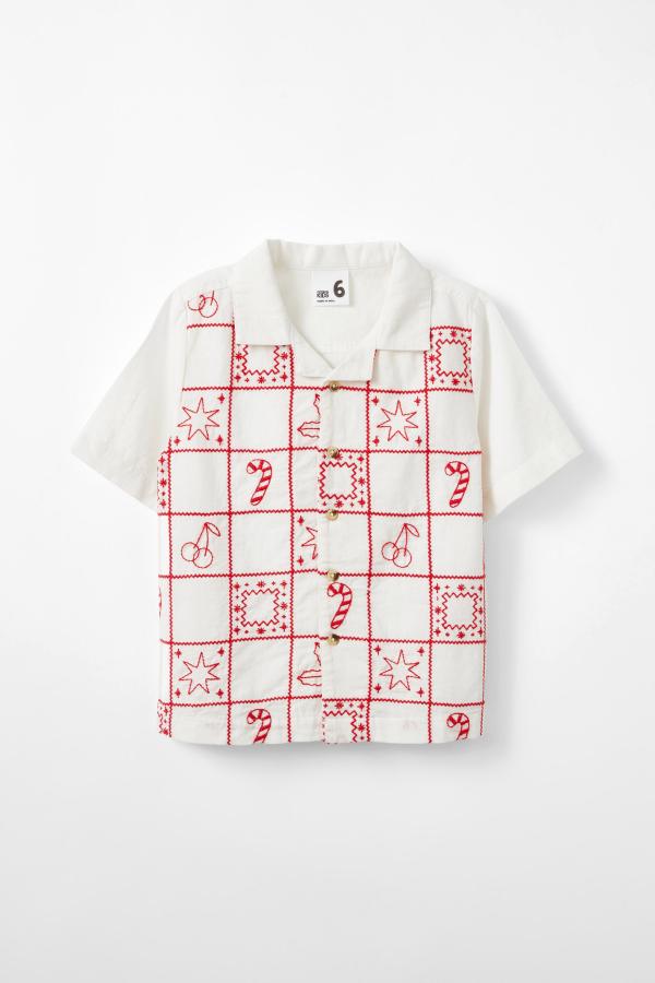 Cotton On Kids - Cabana Short Sleeve Shirt - Vanilla/santa embroidery