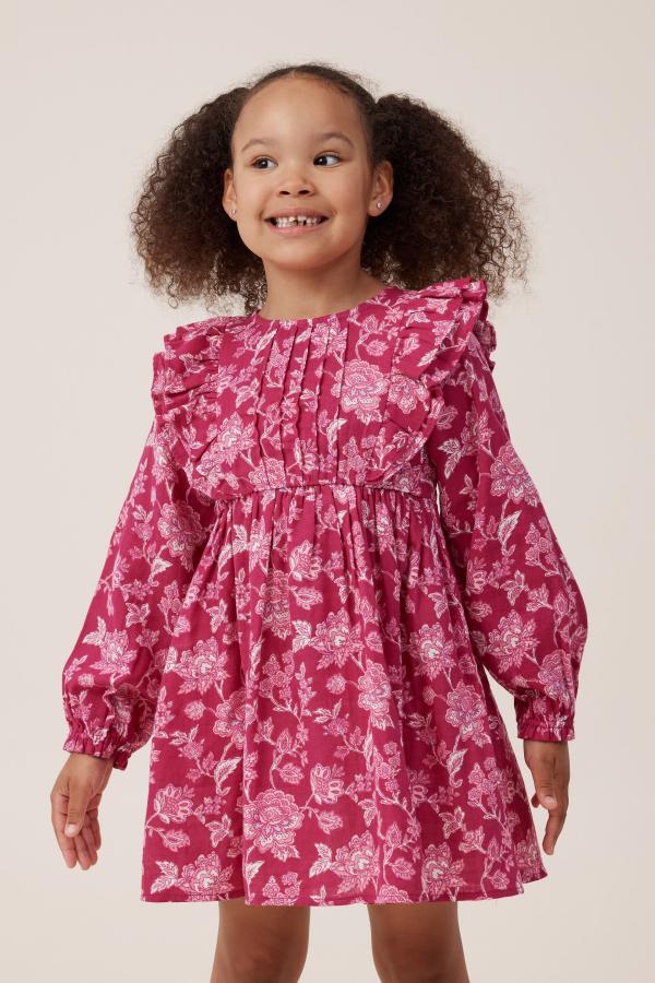Cotton On Kids - Courtney Ruffle Long Sleeve Dress - Fuschia/frida folk floral