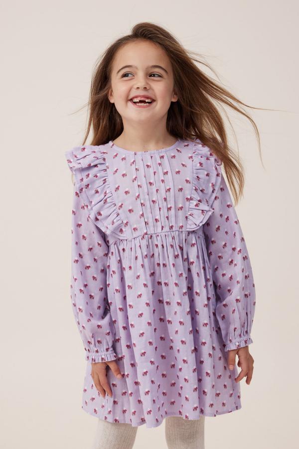 Cotton On Kids - Courtney Ruffle Long Sleeve Dress - Lilac drop/bonnie ditsy