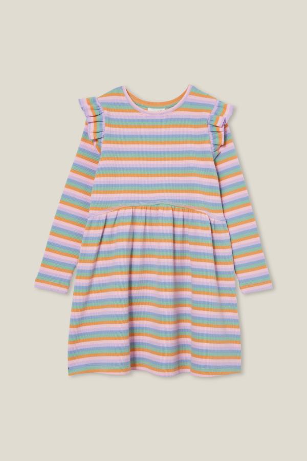 Cotton On Kids - Indie Ruffle Long Sleeve Dress - Retro rainbow stripe rib