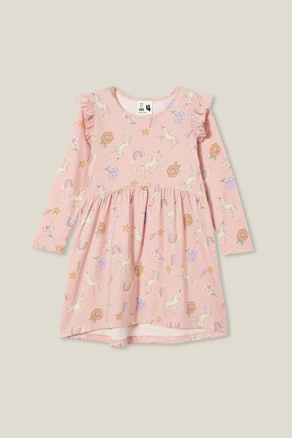 Cotton On Kids - Indie Ruffle Long Sleeve Dress - Zephyr/magic unicorn stamp